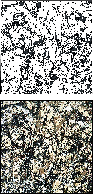 Fig. 4: A comparison of (left) the black anchor layer and (right) the complete pattern consisting of four layers (black, brown, white and grey on a beige canvas) for the painting 'Autumn Rhythm: Number 30' (2.66m by 5.30m) painted in
 1950. The complete pattern occupies 47% of the canvas surface area. The anchor layer occupies 32%.