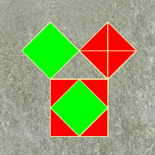 Perigal's dissection when two sides are equal.
   In this case it is not difficult to show that the two green squares
   and all the red triangles are congruent.