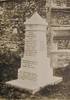 The tombstone as it appeared in a photograph in
   Frederick Perigal's memoir.  The dissection diagram is on the
   invisible face around to the left.  The diagram on the right
   illustrates a fact about parabolas.
