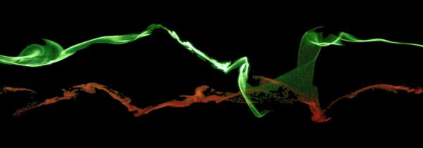 Onset of aircraft wake breakdown.  The two
  wing-tip vortices are marked with different dye colours.