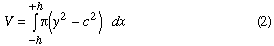 Equation 2: integral(from -h to +h, pi*(y^2-c^2)*dx)