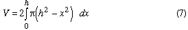 Equation 7: V = 2* integral (from 0 to h, pi*(h^2-x^2)*dx)