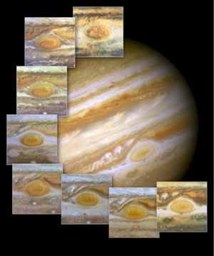 The red spot on the surface of Jupiter is
a storm that has been raging for more than 300 years. 
<br><font size=-1>Composite image courtesy of <a
href="http://www.nasa.gov">NASA</a></font>