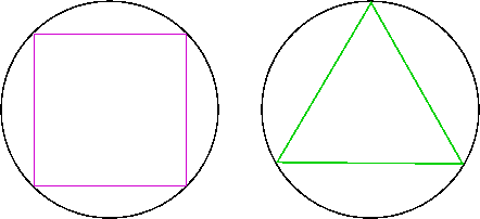 Square inscribed in a circle.  Equilateral triangle inscribed in a circle