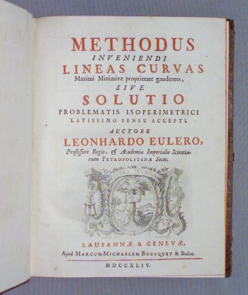 The front page of Euler's 1744 book. Image courtesy <a href='http://posner.library.cmu.edu/Posner/'>Posner Collection</a>,
Carnegie Mellon University Libraries,
Pittsburgh PA, USA.