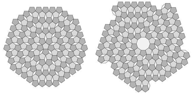 Figure 8: The radial arrangement on the
left was described by DÃ¼rer. The spiral arrangement on the right incorporates a regular decagon.