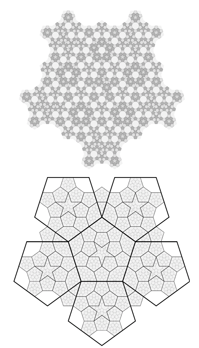Figure 14: A small part of a tiling produced from pentagons and rhombi via two applications of the subtitution rules in figure 13. The 
bottom diagram shows the relationships between tiles at all levels of substitution.