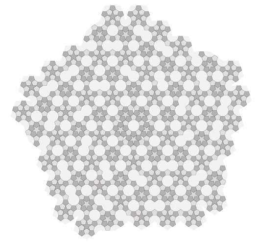Figure 15: The spiral arrangement from figure 8, with
rhombi subdivided as shown in figure 9, and the other shapes subdivided as shown in figure 13. We could suppress the monsters by subdividing
them as in figure 12.