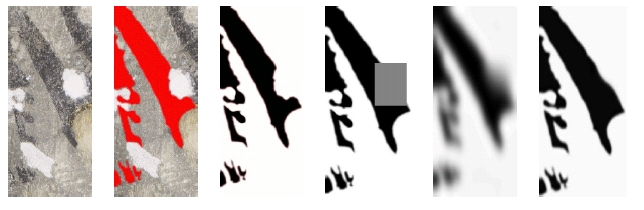 Figure 10: A specific structure in the fresco is selected and then reconstructed using <i>Cahn-Hilliard inpainting</i> for black and white
images. From left to right: the original image; the relevant structure  is identified; the structure is <i>binarised</i>  (turned into a black and white image); the
missing domain is identified (grey rectangle);  the image structure is diffused into the missing domain, the structure is sharpened.