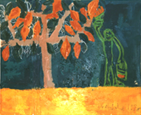 "Painting Trees", Mixed media and oil 
on canvas.  Copyright: David Ruddock, March 1998.