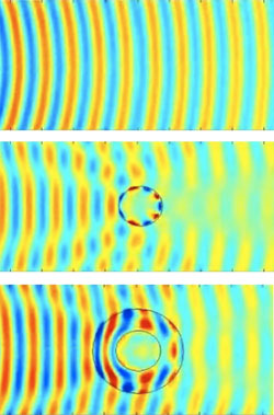 The top image shows the microwaves <br>passing over an empty plan.  The middle image is shows the disturbance to the microwaves caused by a metal cylinder.  In the bottom image, the cylinder is placed in the 'invisibility' cloak, and we can see that the cloak greatly reduces the distortion, hiding the object.